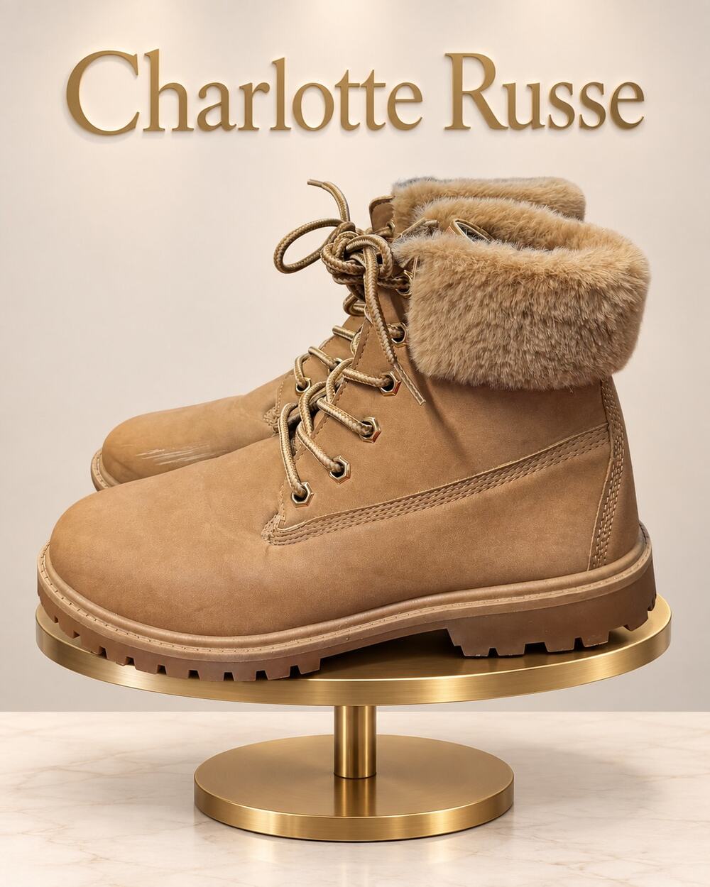 Charlotte Russe Tan Faux Fur Lace-Up Ankle Boots Size 8
